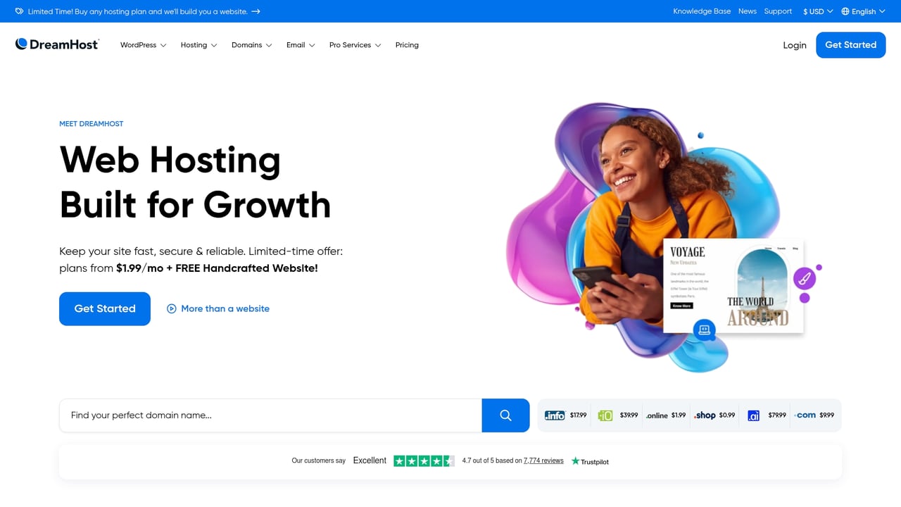 Screenshot of DreamHost website
