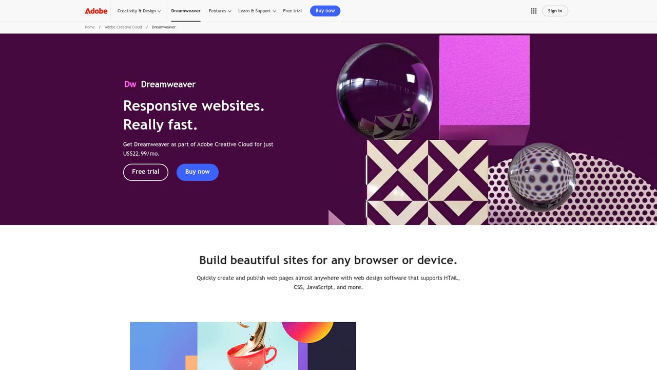 Screenshot of DreamWeaver website