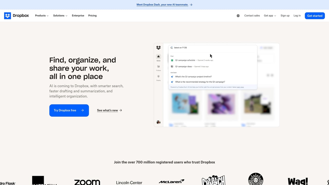 Screenshot of Dropbox website