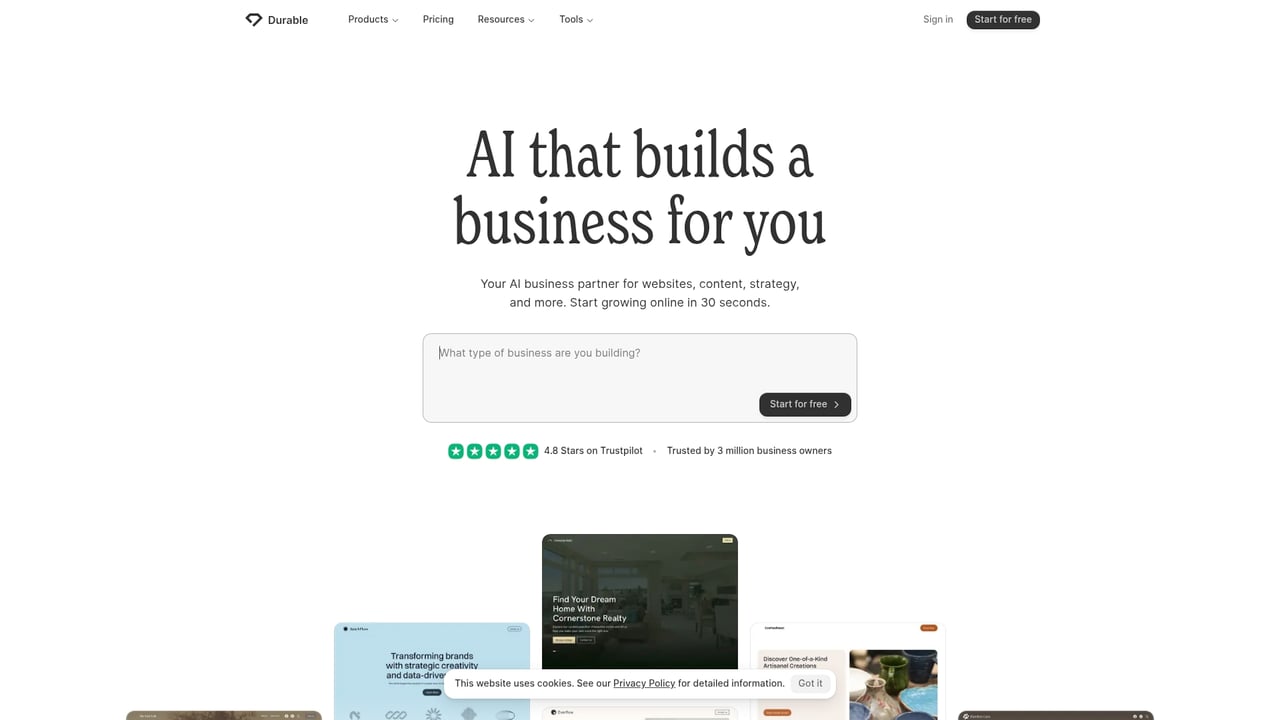 Screenshot of Durable website