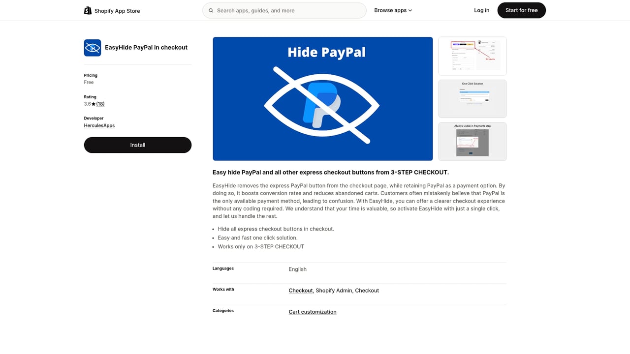 Screenshot of Easy Hide PayPal website