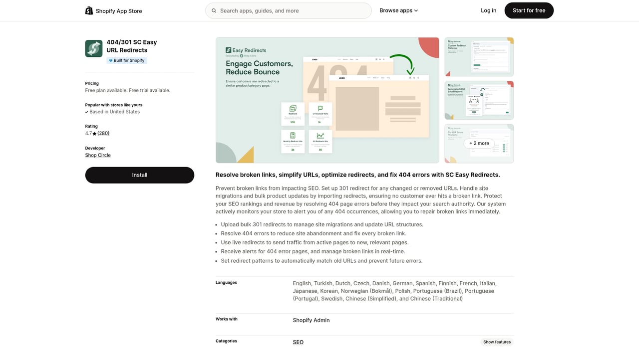 Screenshot of Easy Redirects website