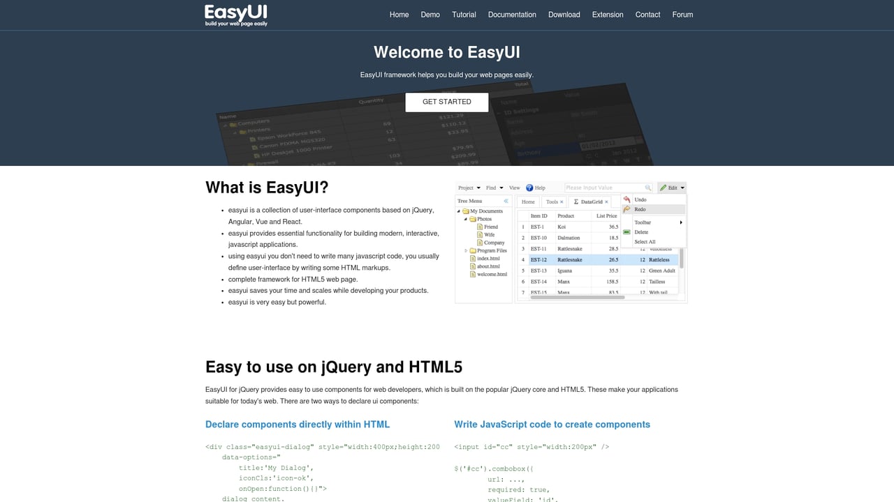 Screenshot of EasyUI website