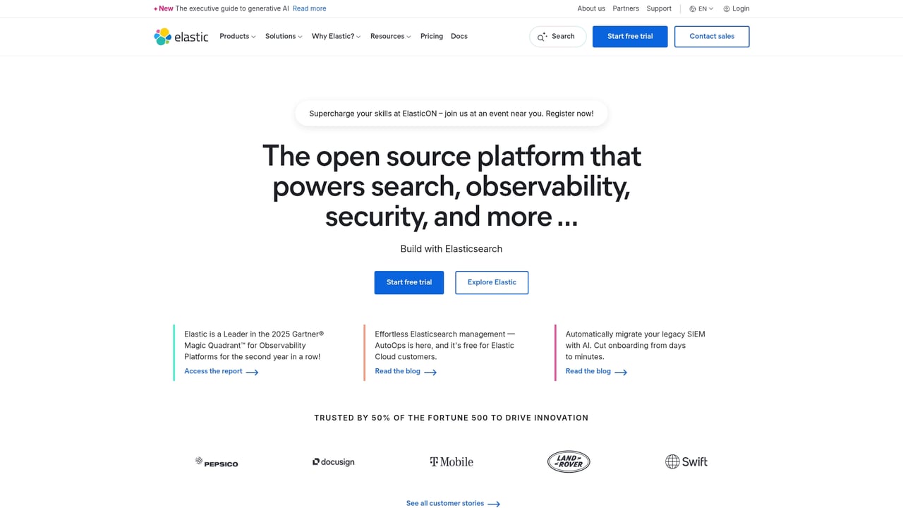 Screenshot of Elasticsearch website