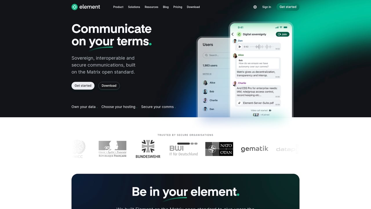 Screenshot of Element website