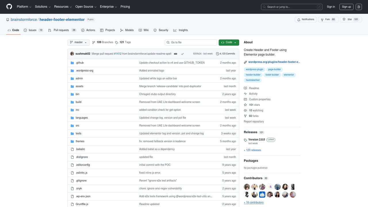 Screenshot of Elementor Header & Footer Builder website