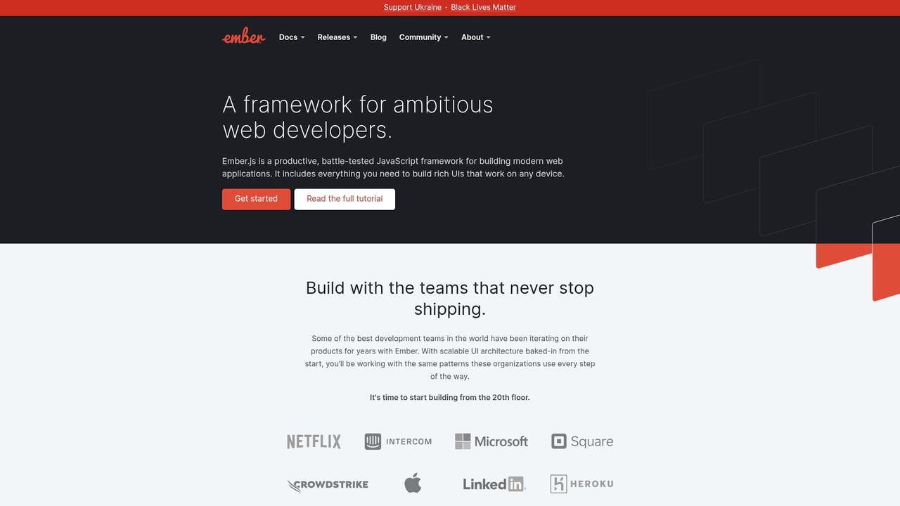 Screenshot of Ember.js website