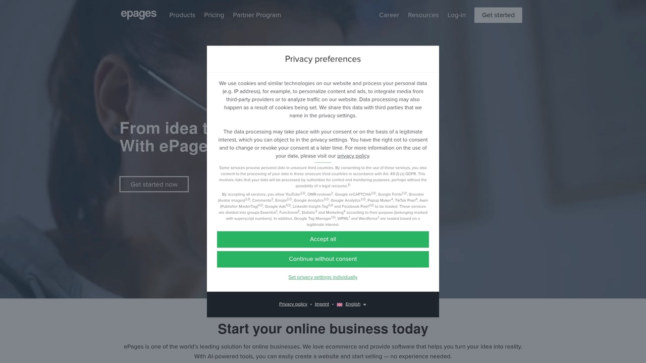 Screenshot of ePages website