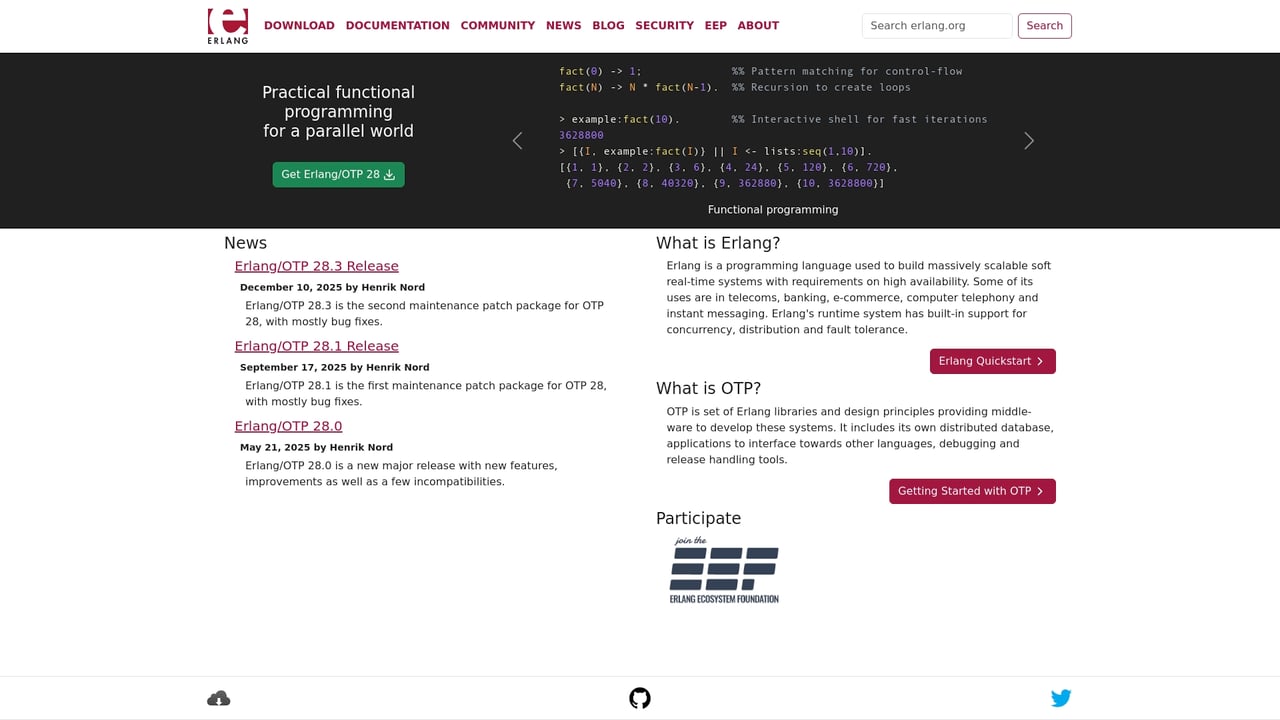 Screenshot of Erlang website