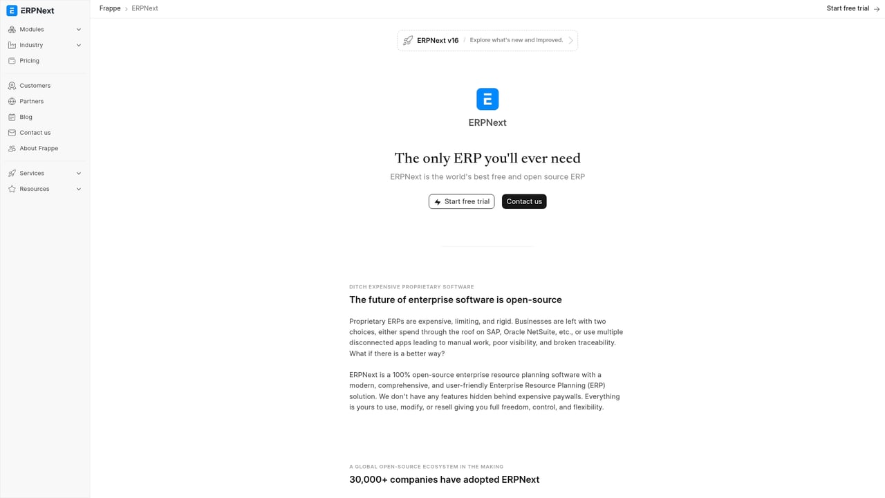 Screenshot of ERPNext website