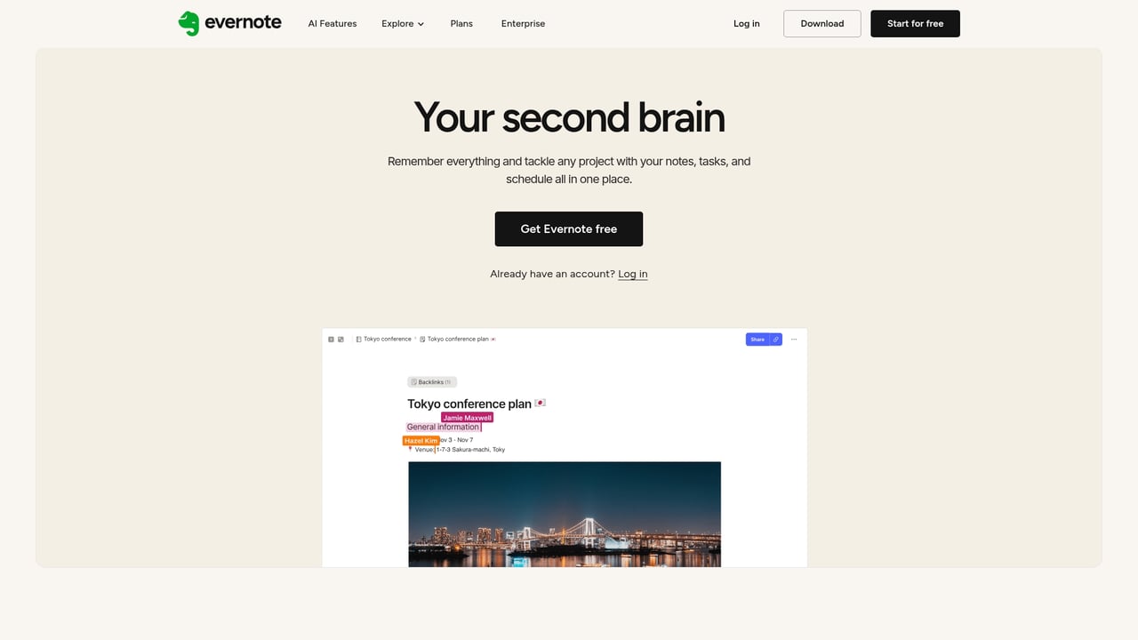 Screenshot of Evernote website