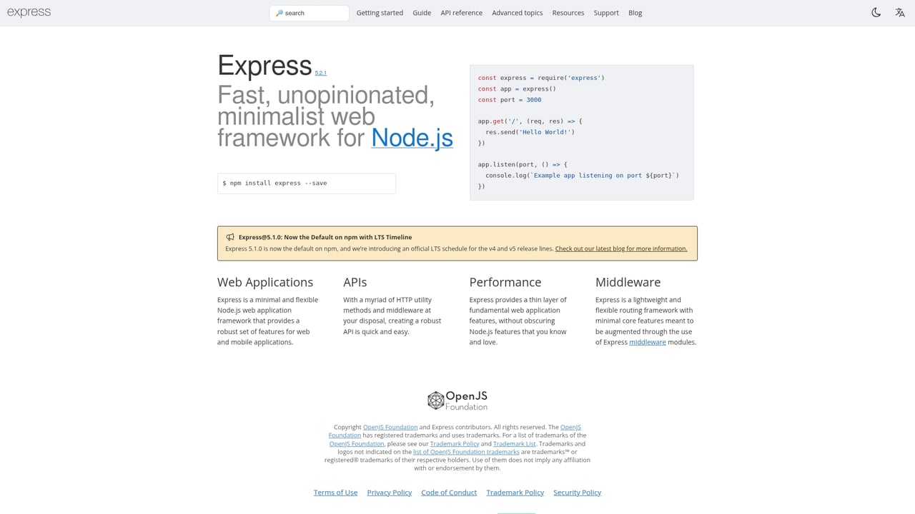 Screenshot of Express website