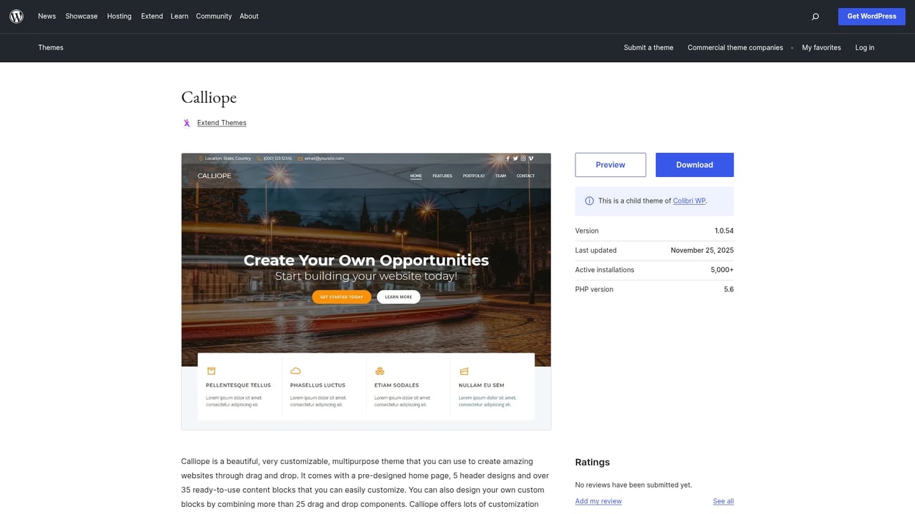 Screenshot of ExtendThemes Calliope website