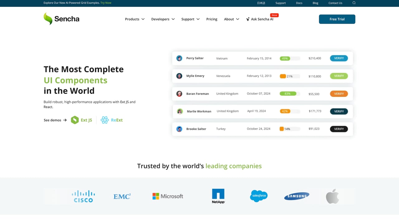 Screenshot of ExtJS website