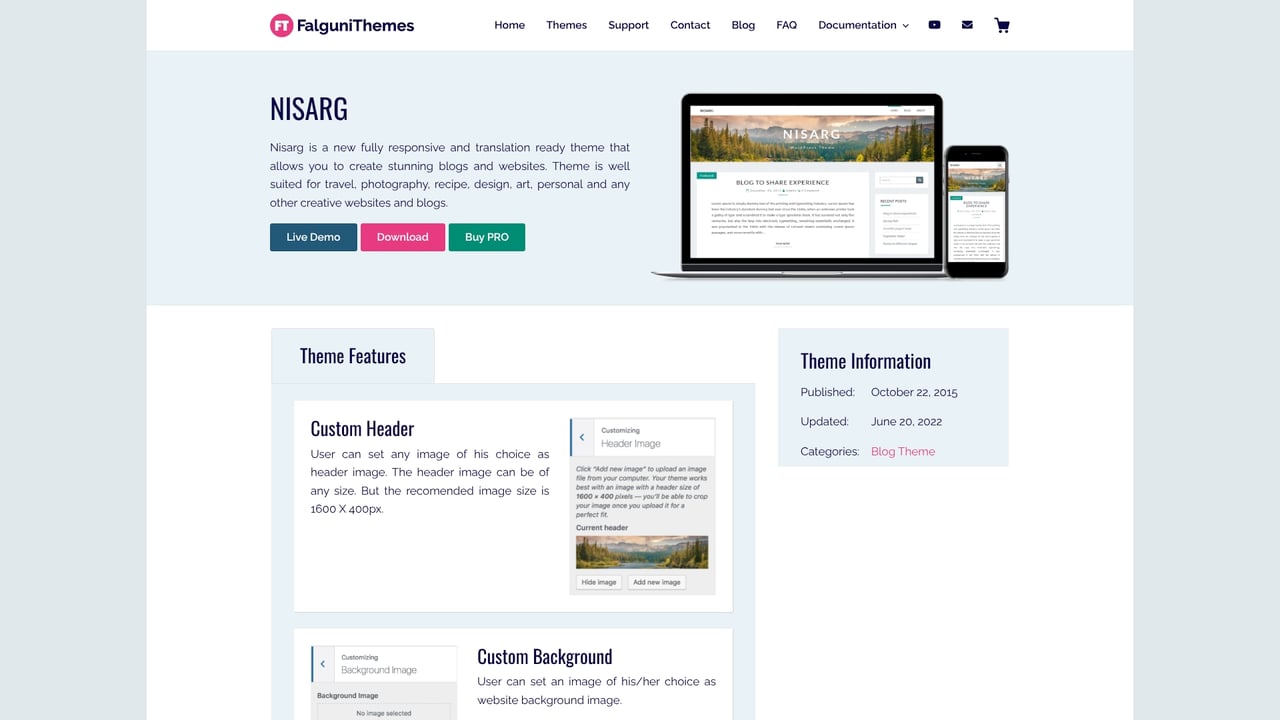 Screenshot of FalguniThemes Nisarg website
