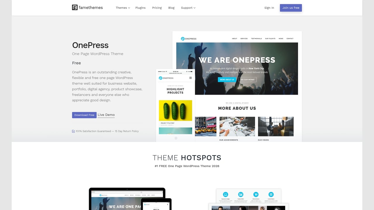 Screenshot of FameThemes OnePress website