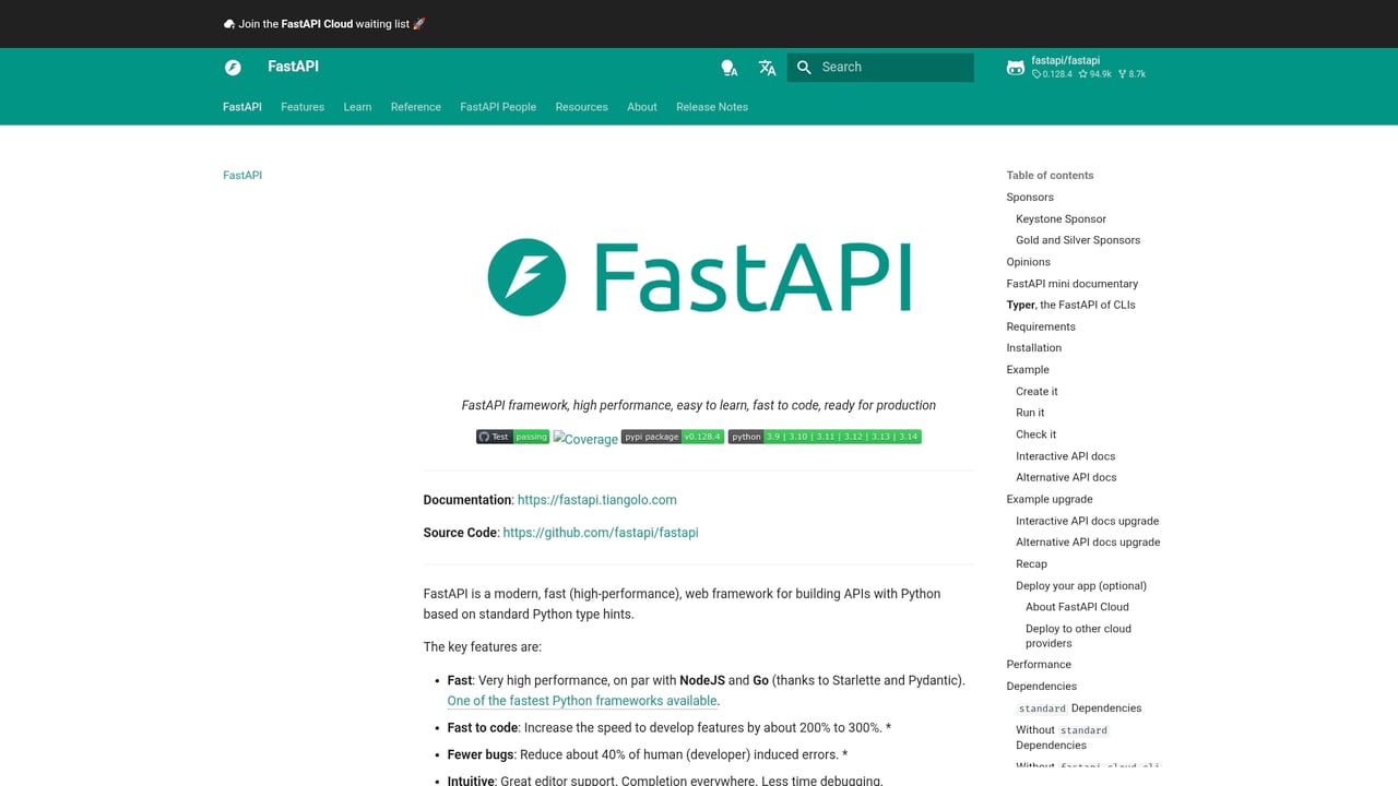 Screenshot of FastAPI website