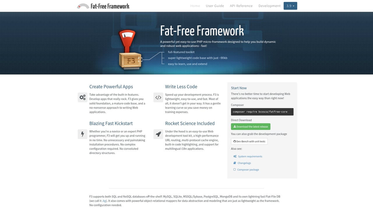 Screenshot of Fat-Free Framework website