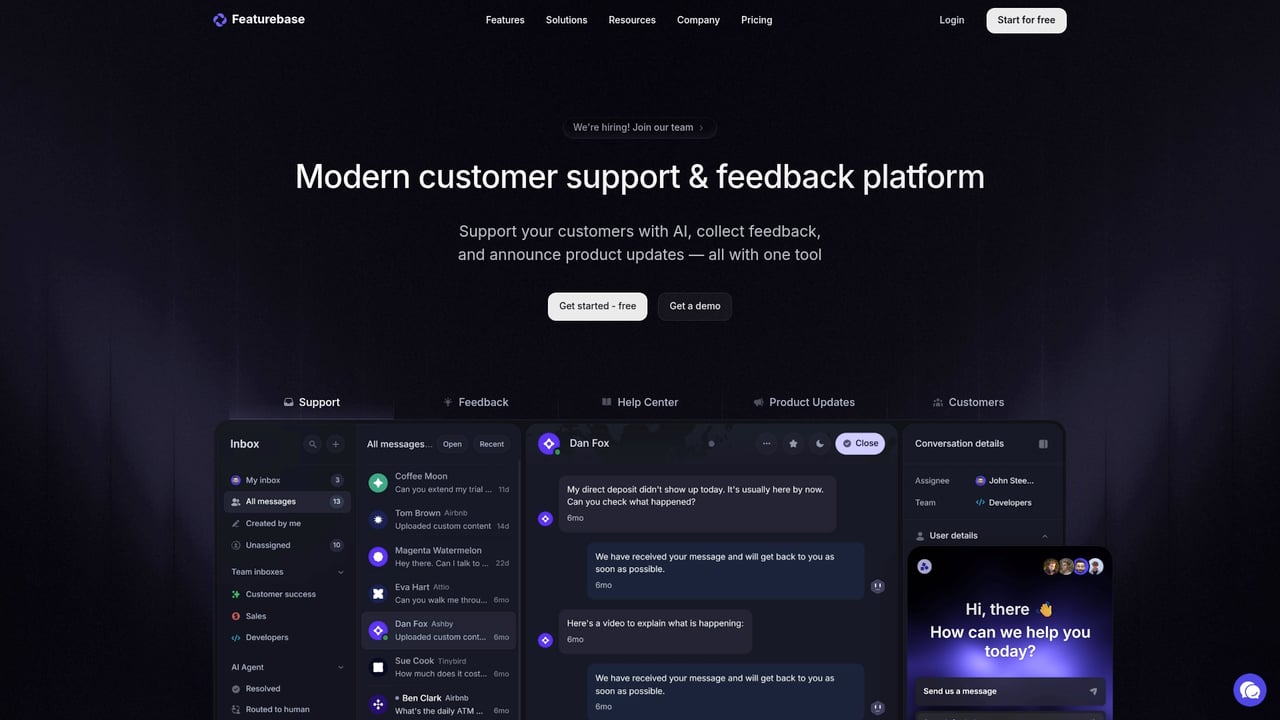 Screenshot of Featurebase website
