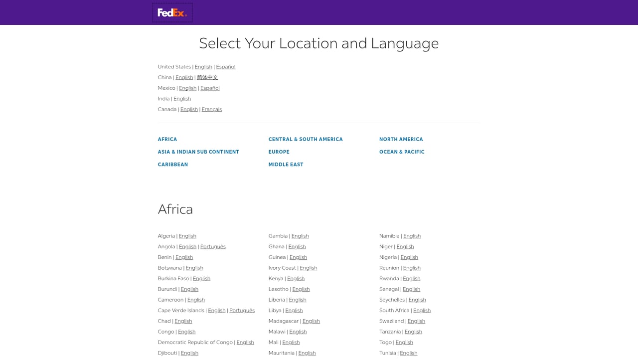 Screenshot of FedEx website