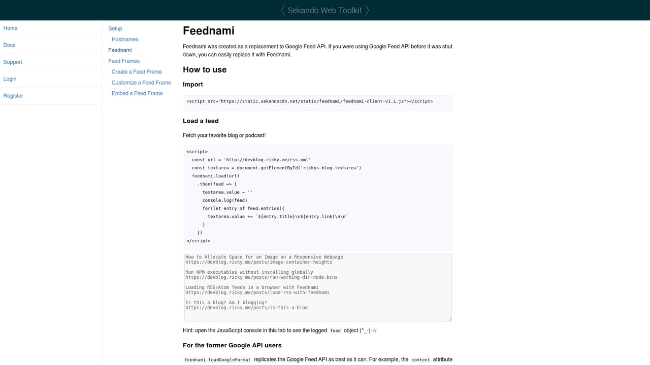 Screenshot of Feednami website