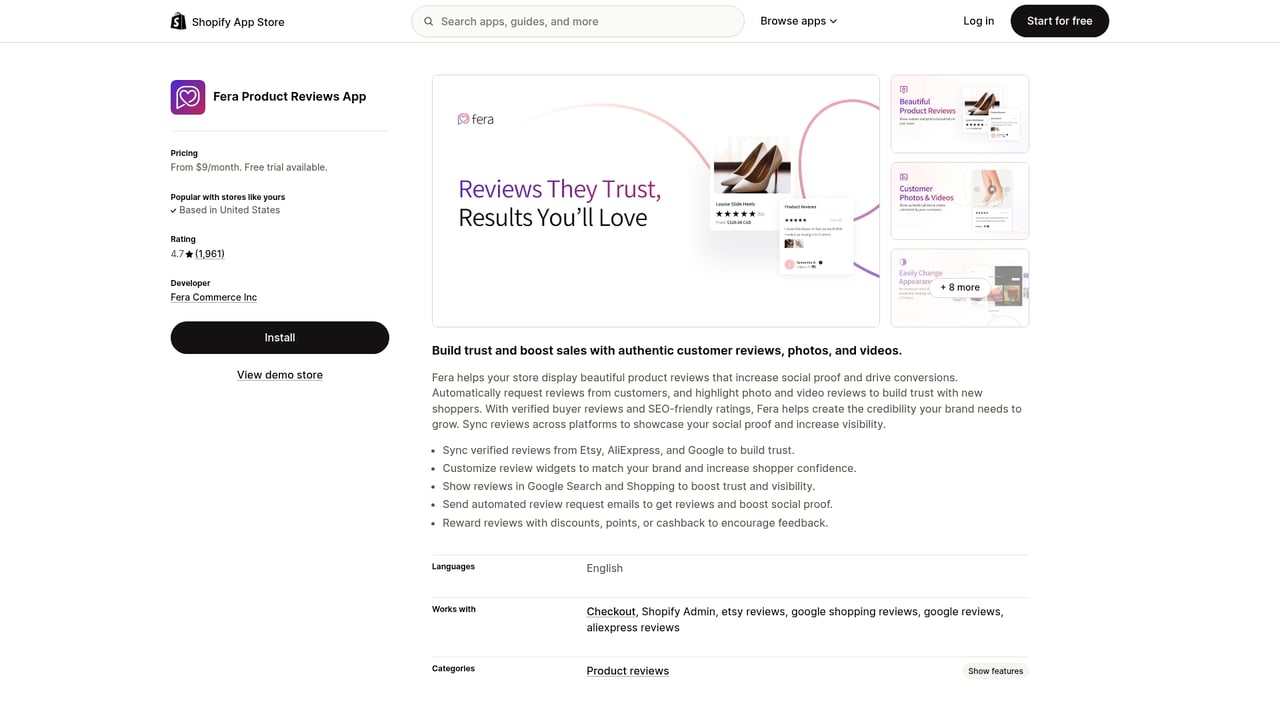 Screenshot of Fera Product Reviews App website