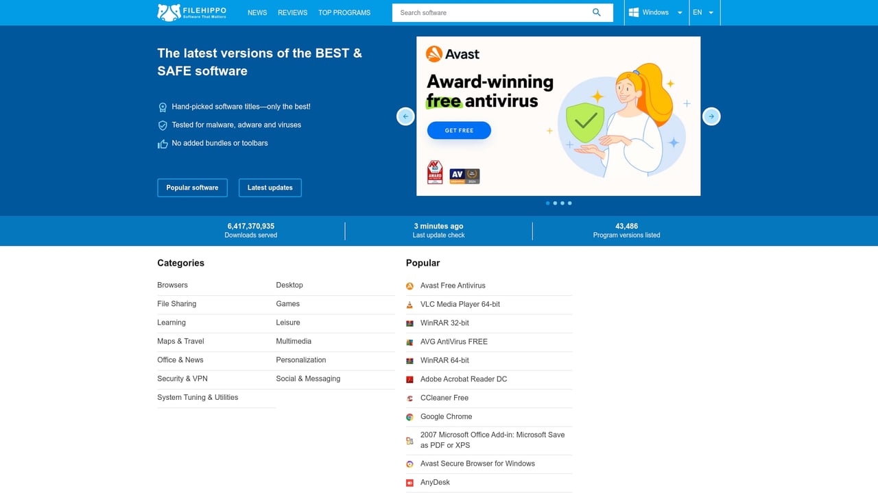 Screenshot of FileHippo website
