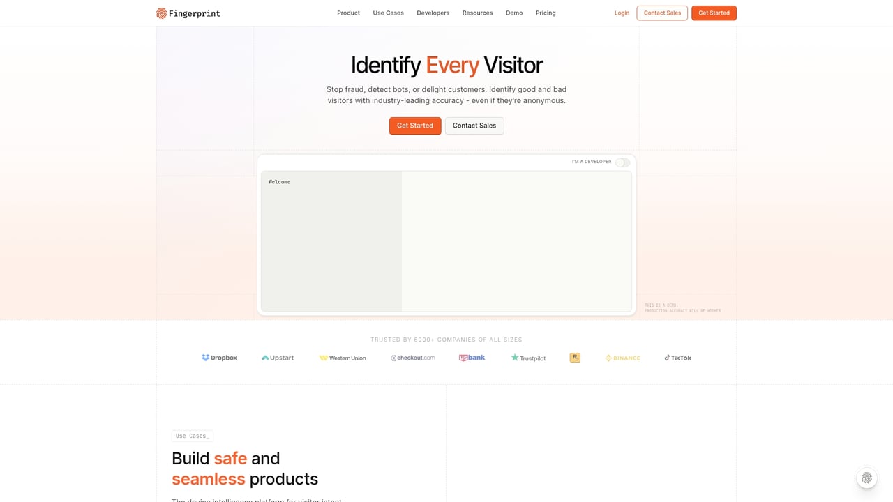 Screenshot of FingerprintJS website