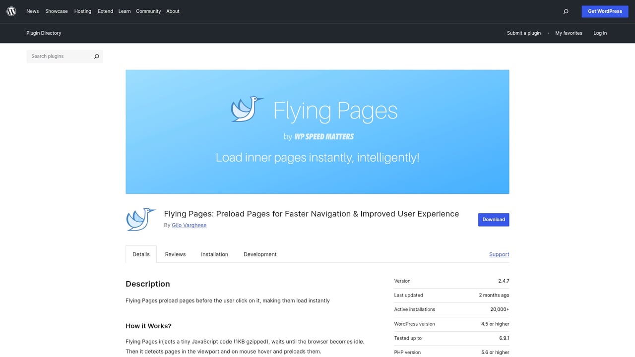 Screenshot of Flying Pages website