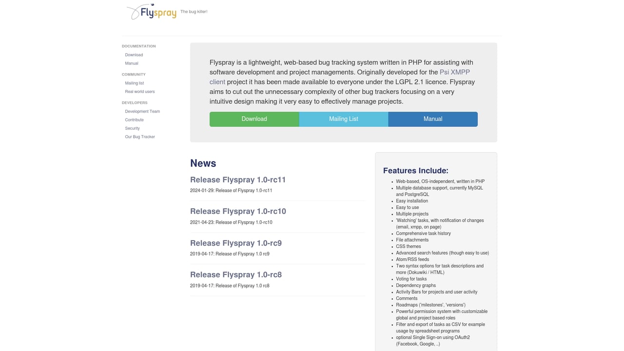 Screenshot of Flyspray website