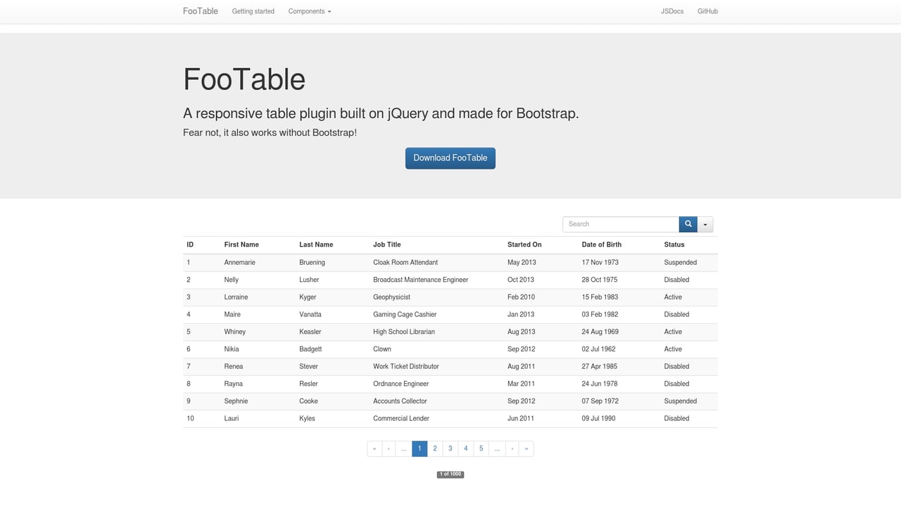 Screenshot of FooTable website