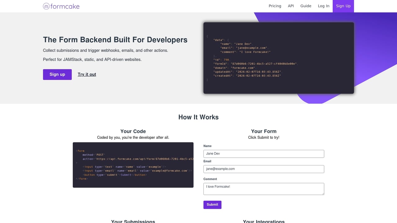 Screenshot of Formcake website