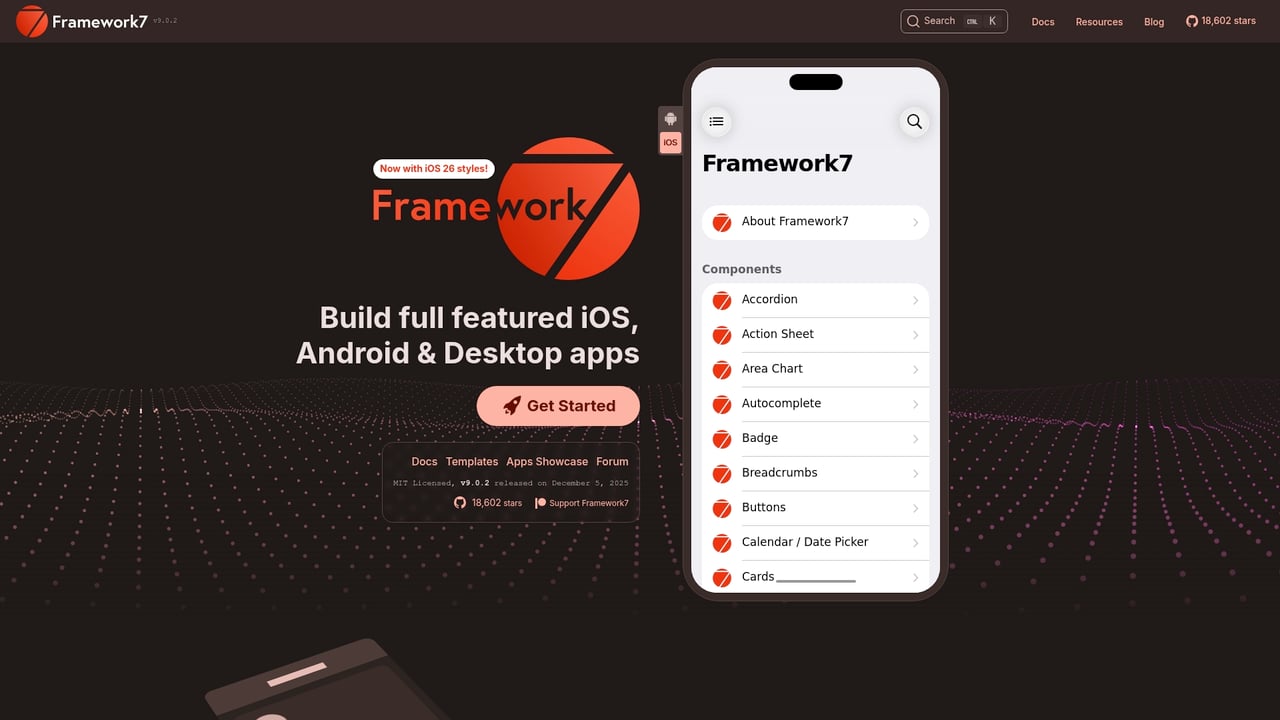 Screenshot of Framework7 website