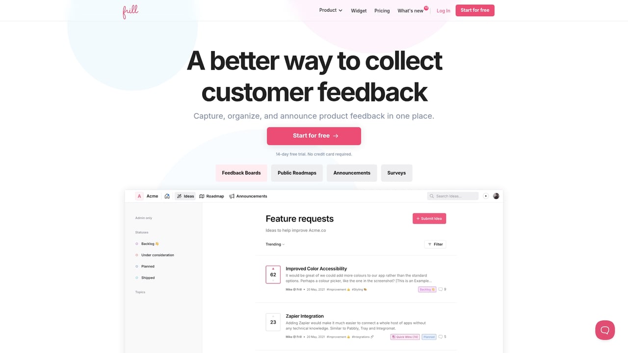 Screenshot of Frill website