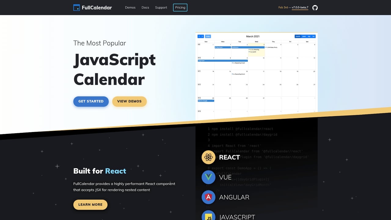 Screenshot of FullCalendar website
