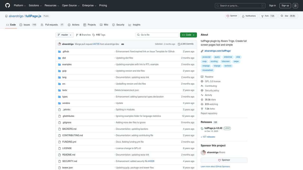 Screenshot of fullPage.js website