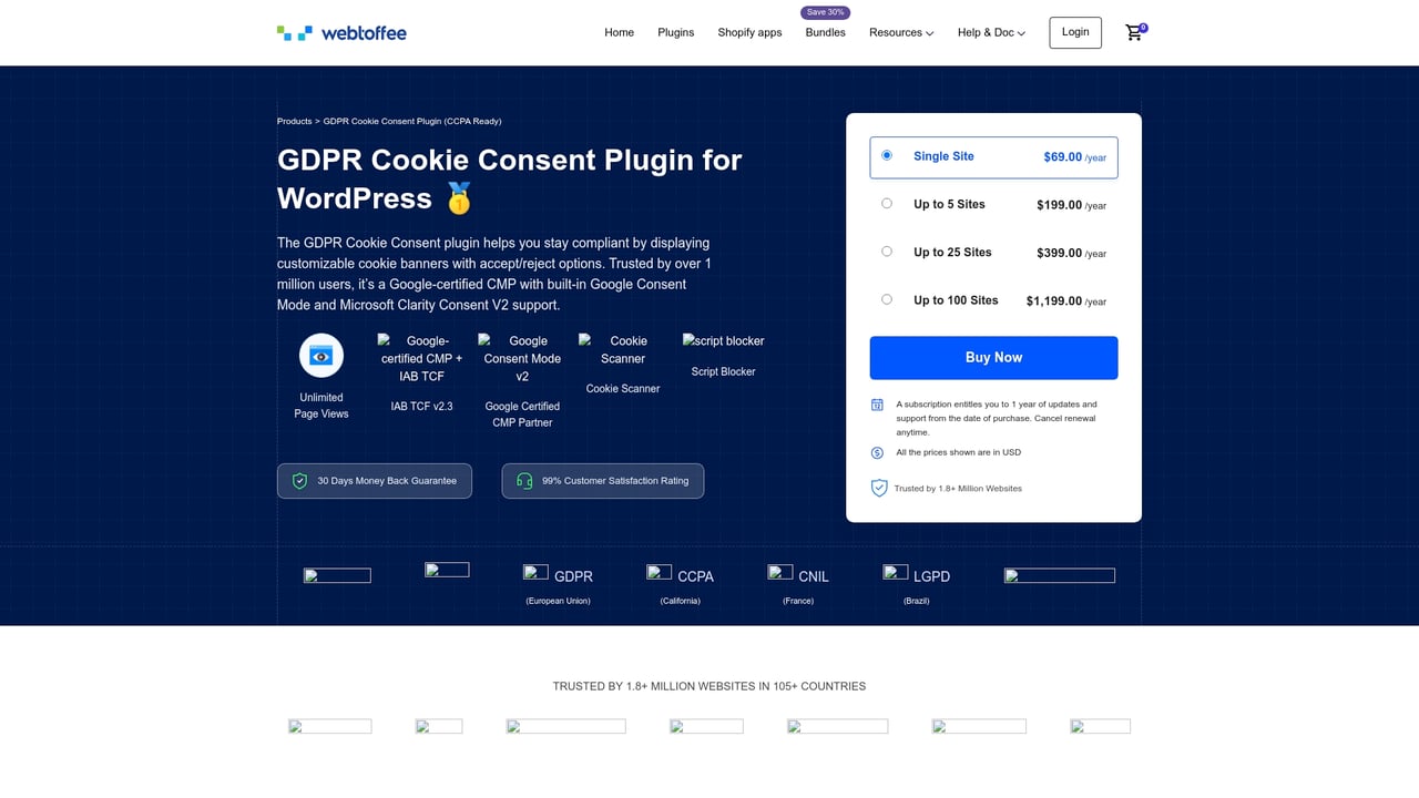 Screenshot of GDPR Cookie Consent Plugin by Webtoffee website