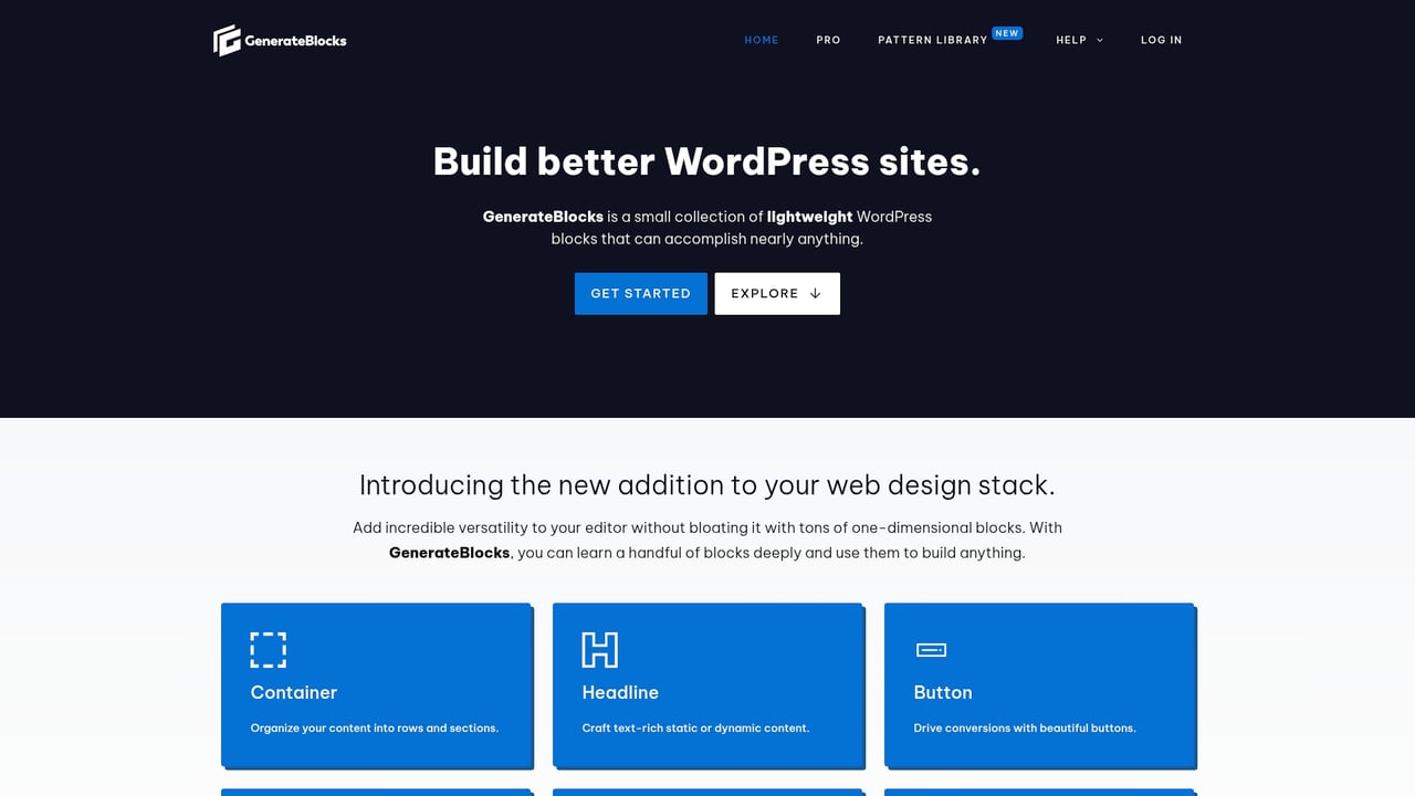 Screenshot of GenerateBlocks website