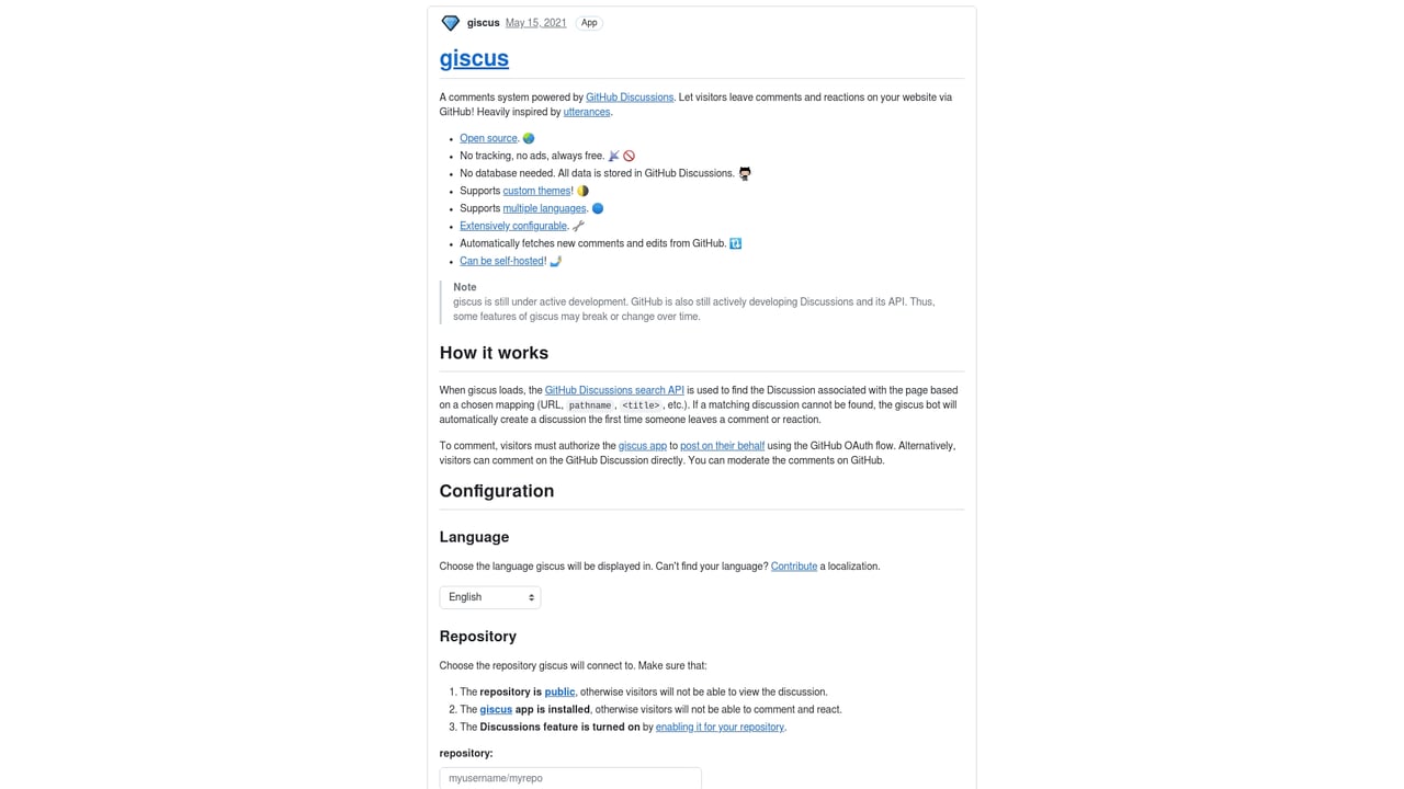 Screenshot of Giscus website