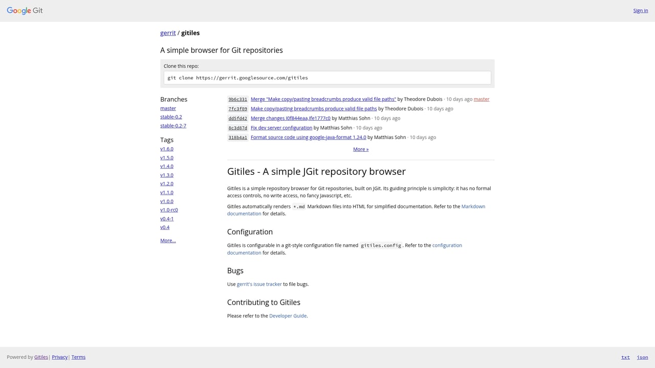 Screenshot of Gitiles website