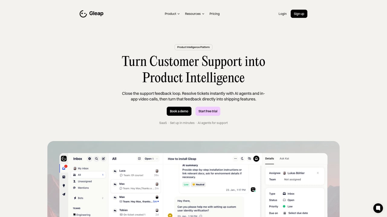 Screenshot of Gleap website