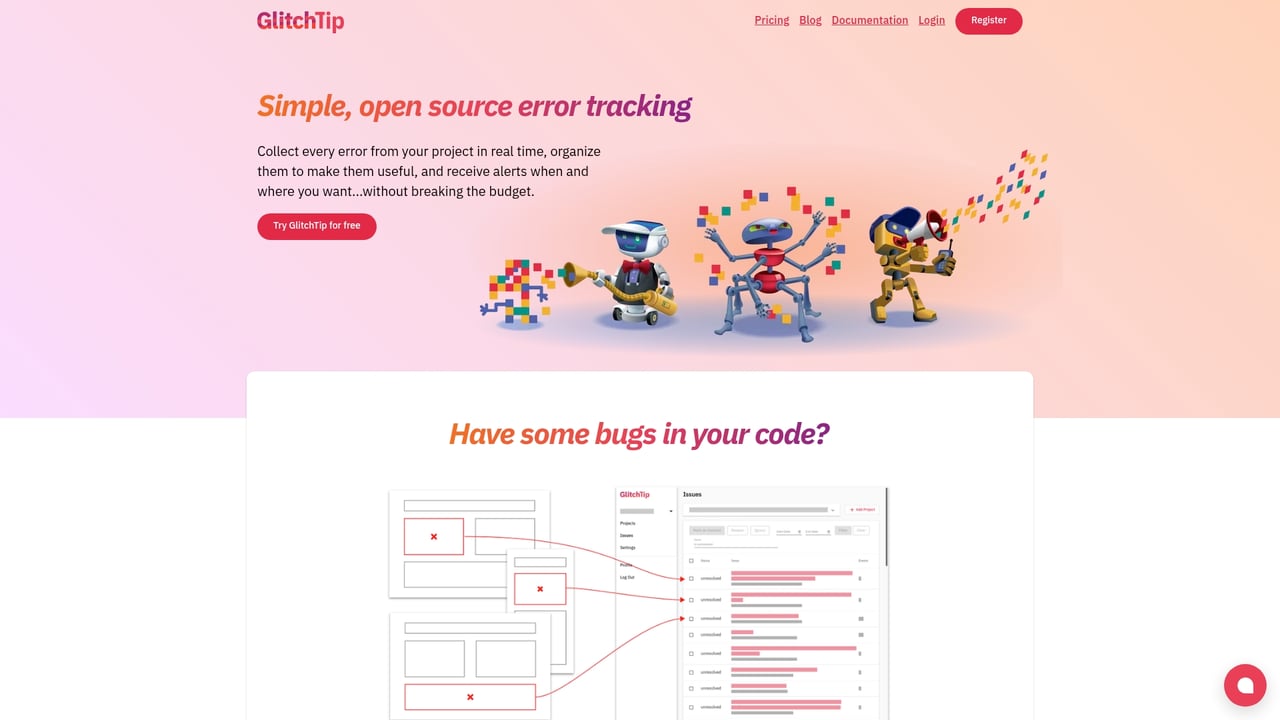 Screenshot of GlitchTip website