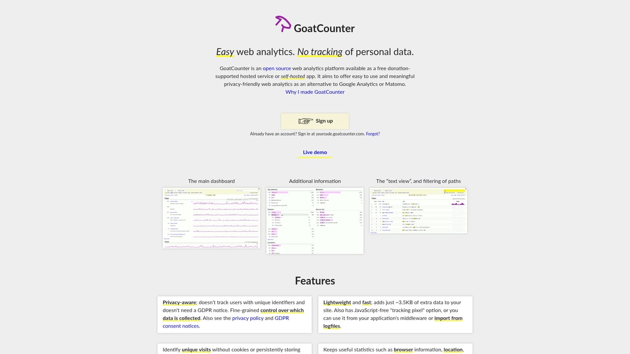 Screenshot of GoatCounter website