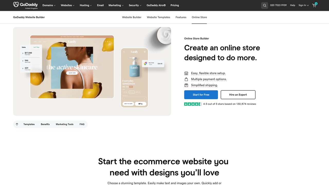 Screenshot of GoDaddy Online Store website