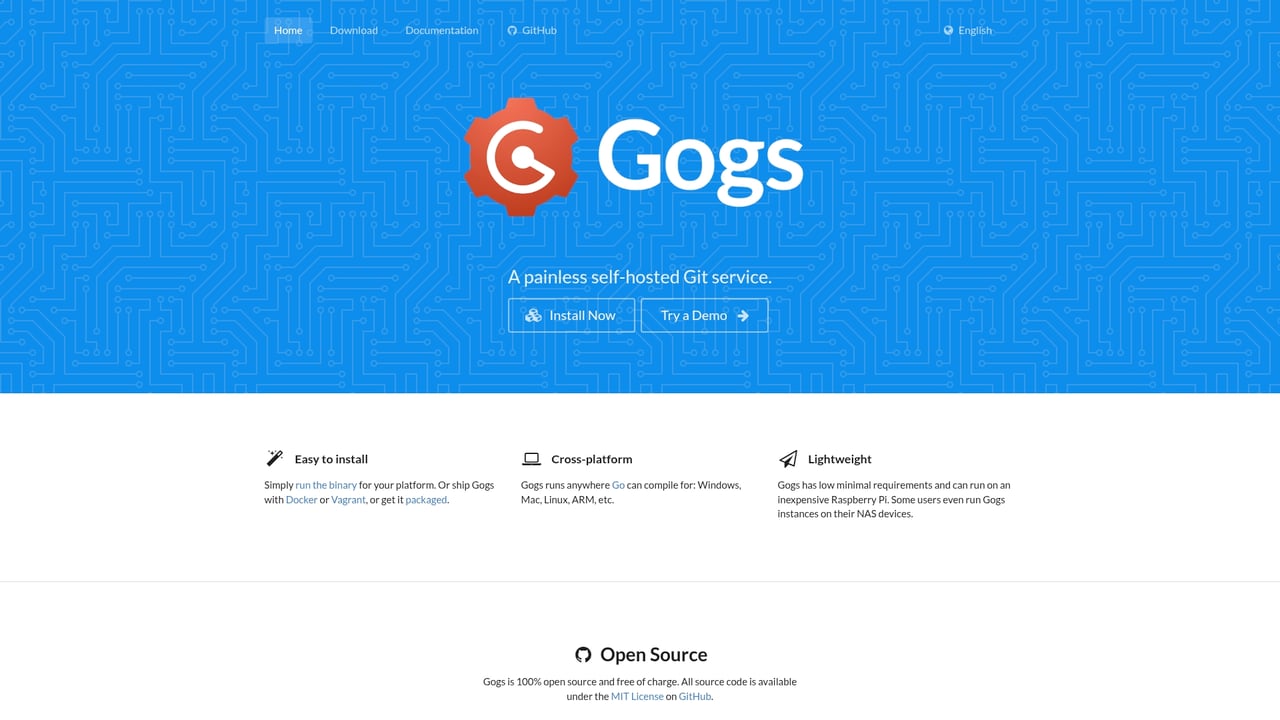 Screenshot of Gogs website