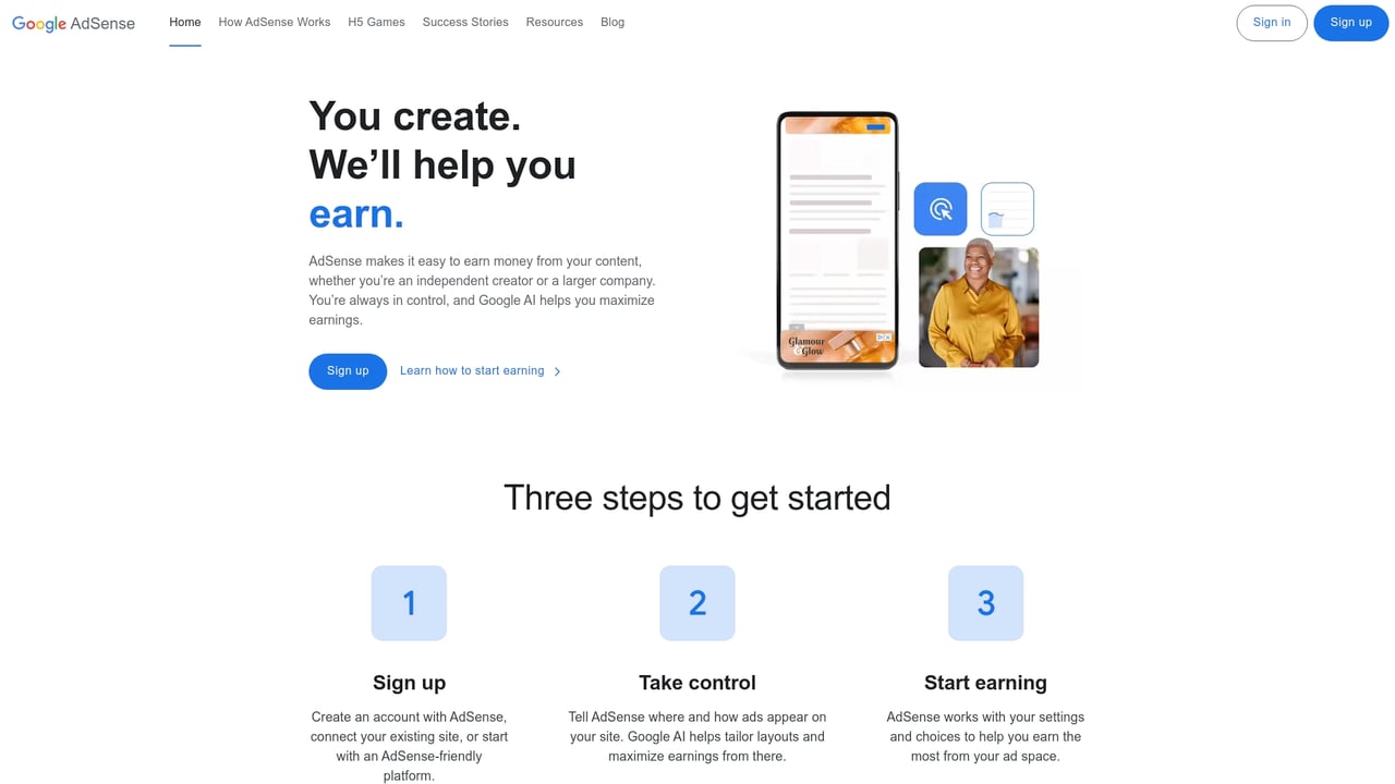 Screenshot of Google AdSense website