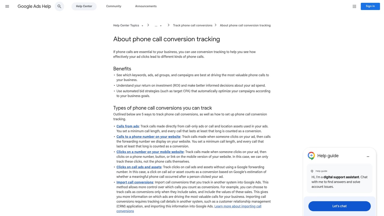 Screenshot of Google Call Conversion Tracking website