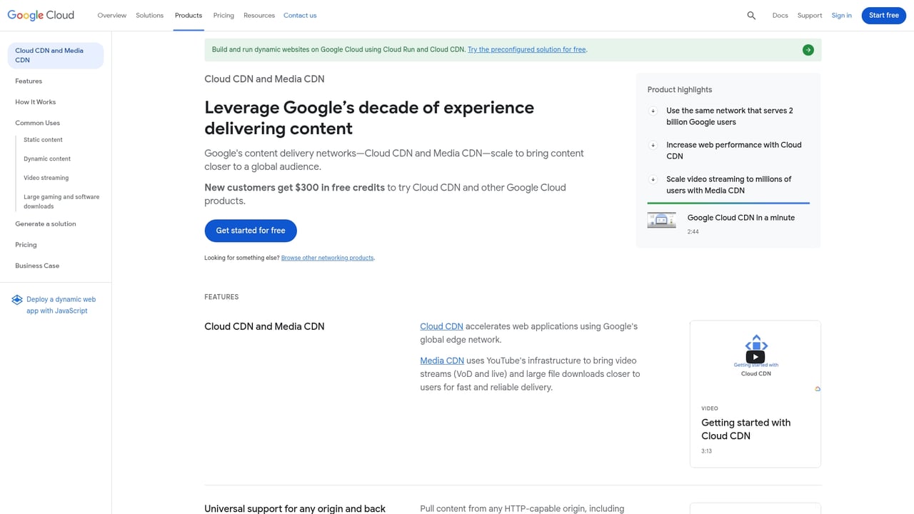 Screenshot of Google Cloud CDN website