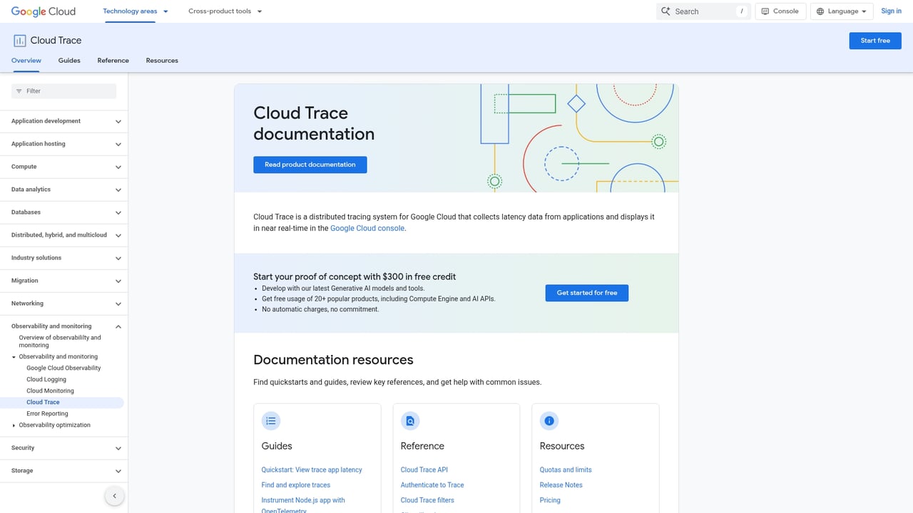 Screenshot of Google Cloud Trace website