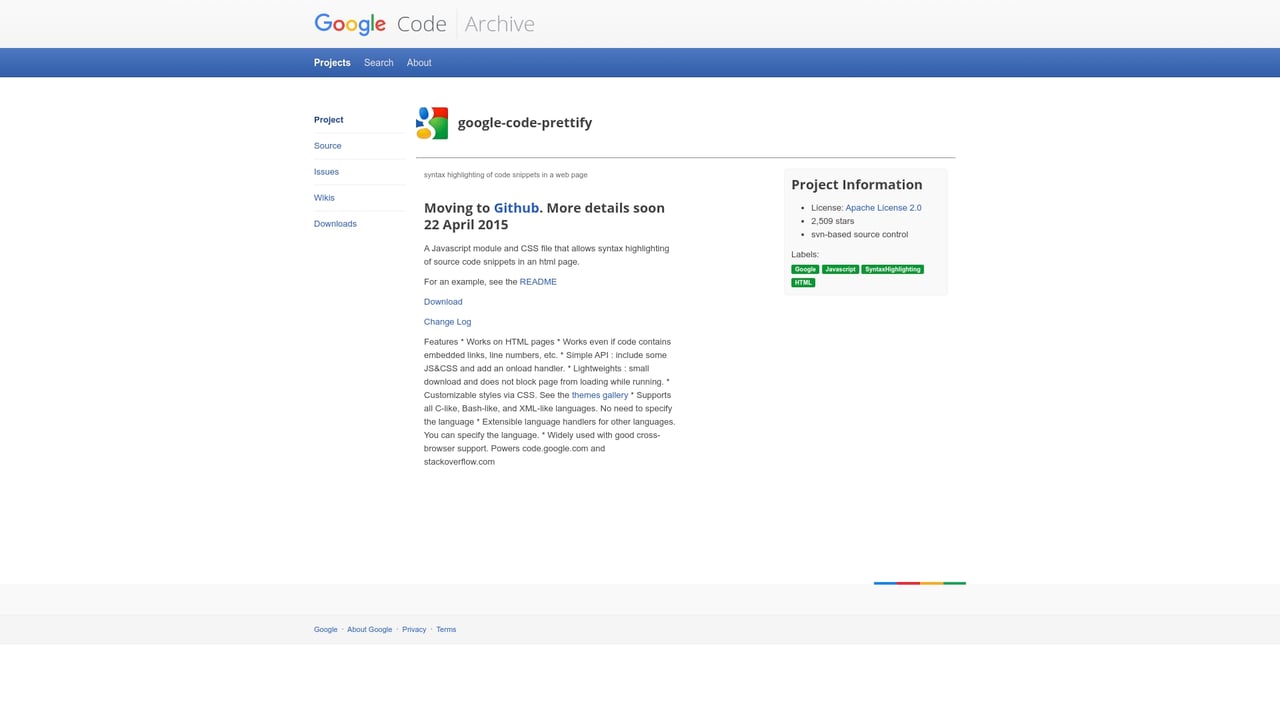 Screenshot of Google Code Prettify website